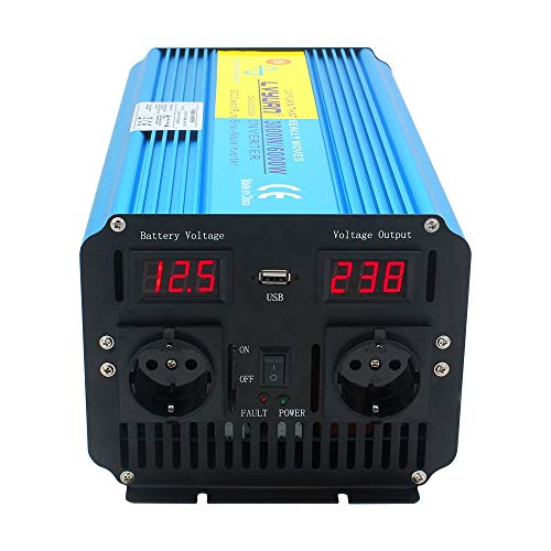 Cantonape Inversor de Corriente Onda Sinusoidal Pura 3000W/6000W Convertidor 12V a 220V 230V con Control Remoto Salidas de AC Dobles & Pantalla 2 LED para el Uso en el hogar del Carro de RV