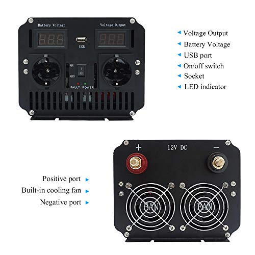 Cantonape Inversor de Corriente Onda Sinusoidal Pura 3000W/6000W Convertidor 12V a 220V 230V con Control Remoto Salidas de AC Dobles & Pantalla 2 LED para el Uso en el hogar del Carro de RV