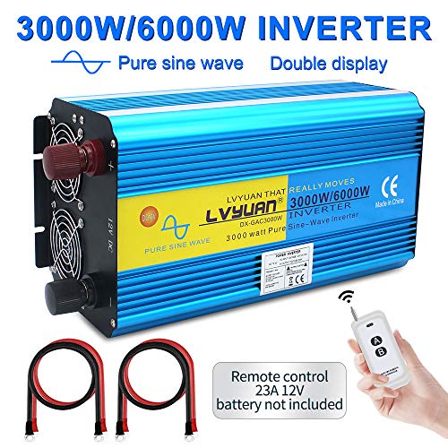 Cantonape Inversor de Corriente Onda Sinusoidal Pura 3000W/6000W Convertidor 12V a 220V 230V con Control Remoto Salidas de AC Dobles & Pantalla 2 LED para el Uso en el hogar del Carro de RV