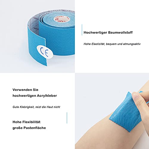 CareHabi - Cinta de kinesiología deportiva, 5 m x 5 cm, 3 rollos (1 azul, 1 rosa, 1 negro), cinta de kinesiología resistente al agua y elástica para deporte.