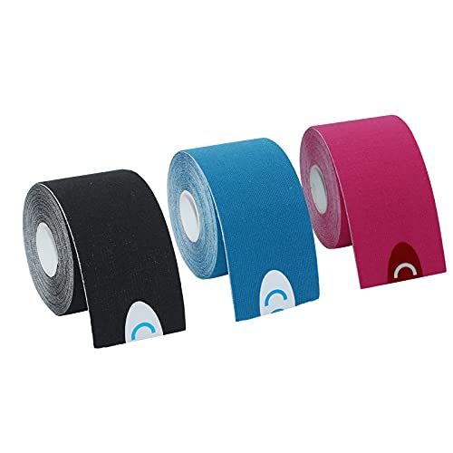 CareHabi - Cinta de kinesiología deportiva, 5 m x 5 cm, 3 rollos (1 azul, 1 rosa, 1 negro), cinta de kinesiología resistente al agua y elástica para deporte.