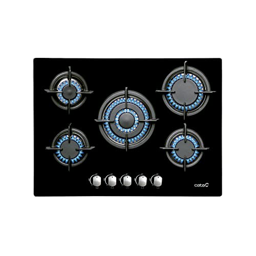 Cata Placa Cristal Modelo L 7005 Ci | 5 Quemadores de Gas Natural | Ancho de 70 cm | Color Negro, 51 x 70 x 5,5 cm