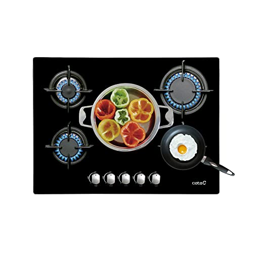 Cata Placa Cristal Modelo L 7005 Ci | 5 Quemadores de Gas Natural | Ancho de 70 cm | Color Negro, 51 x 70 x 5,5 cm
