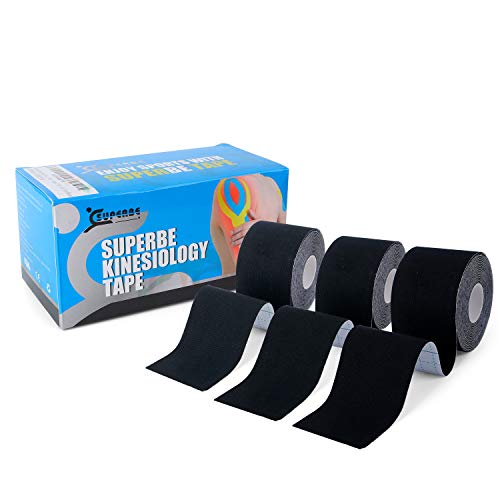 Cinta de Kinesiología Superbe (paquete de 3), Cinta Elástica Terapéutica Para Deportes Atléticos, Alivio del Dolor, Recuperación y Fisioterapia, 5 cm x 5 m (Negro)
