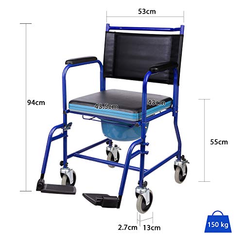 CO-Z Silla de Ruedas con Inodoro Portátil para Mayores Silla Orinal para Ancianos con Ruedas y Reposapiés Silla de WC o Inodoro para Minusválidos Discapacitados Ancianos hasta 150 kg (Con rueda)