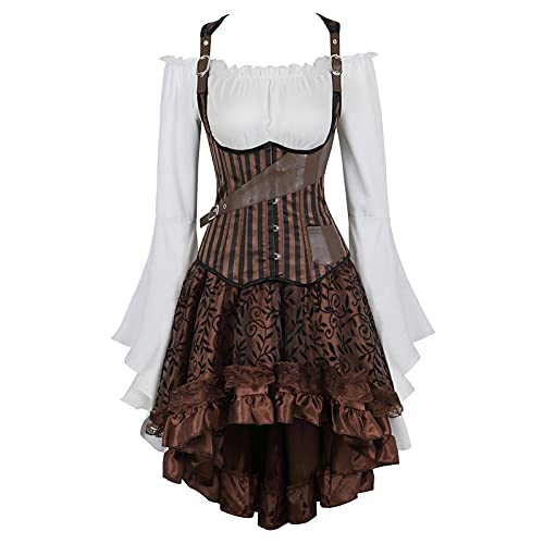 Corset Corsé Mujer Steampunk Underbust Corsé Vestido Falda Superior Traje De 3 Piezas Cosplay Gótico Punk Corsés Bustier Pirata Burlesque Vintage-61365307056Brown_XXL