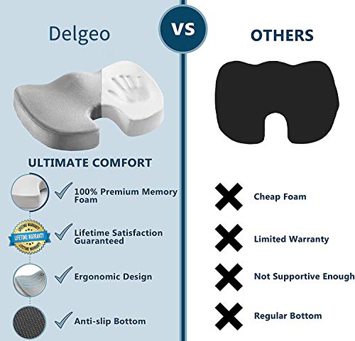 Delgeo Cojín Coxis Silla Ergonómica, Postura - Almohada de Asiento para Silla de Oficina, Coche, Silla de Ruedas, Embarazo, Base Antideslizante y Funda Lavable(Gris)