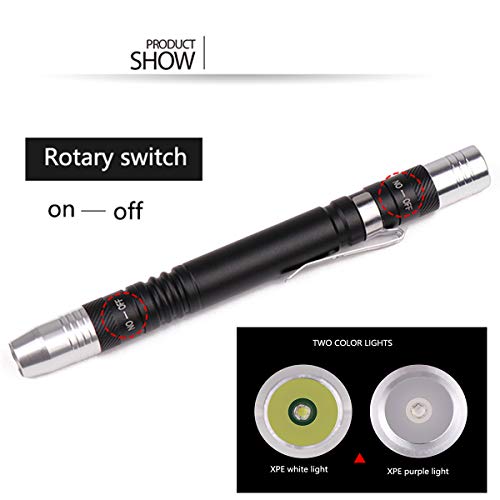 Detector de luz de la linterna Antorcha ultravioleta ultravioleta blanco púrpura para prueba Mini pluma UV linterna 395nm 2 en 1 linterna UV LED Fuente de luz Penlight Blacklight 2 (1 paquete)