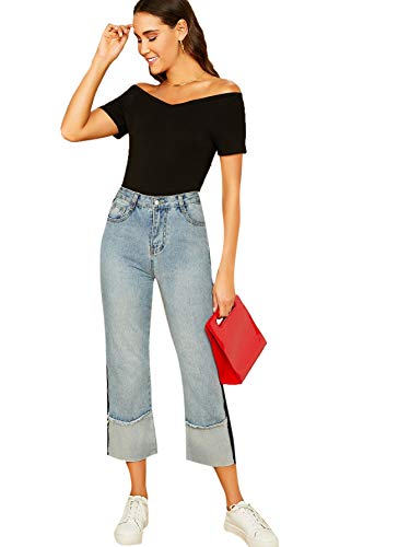 DIDK Camiseta de mujer con hombros descubiertos, parte superior de manga corta, para verano, ajustada, con cuello de corazón, monocolor, Negro , M
