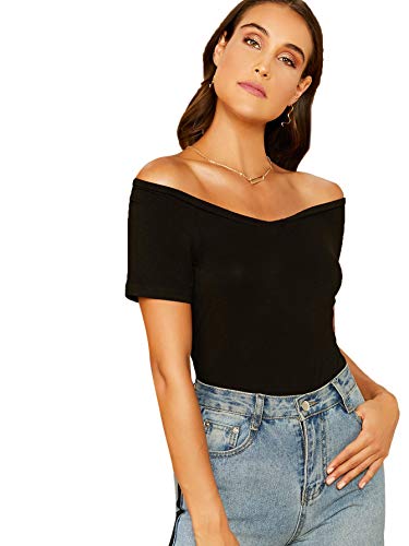 DIDK Camiseta de mujer con hombros descubiertos, parte superior de manga corta, para verano, ajustada, con cuello de corazón, monocolor, Negro , M