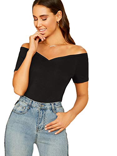 DIDK Camiseta de mujer con hombros descubiertos, parte superior de manga corta, para verano, ajustada, con cuello de corazón, monocolor, Negro , M