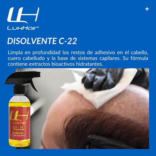 Disolvente capilar C22 de LuxHair para prótesis, extensiones de pelo y pelucas. Limpiador de adhesivos y pegamentos de cabello de fácil uso | 250 ml |