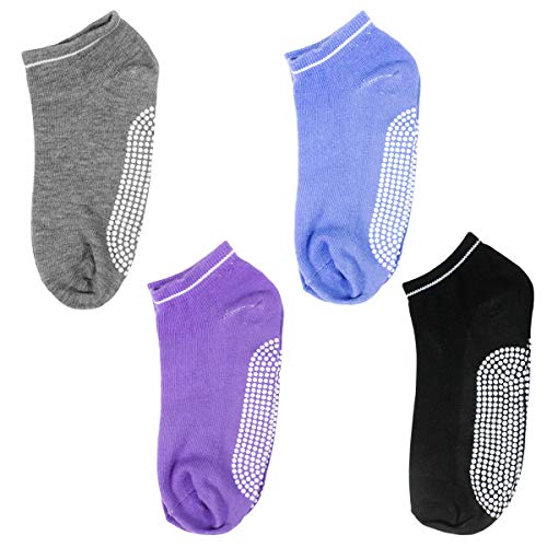 Dokpav Calcetines Pilates Yoga 4 Par Calcetines Antideslizantes de Deporte Traspirable Mujer para Yoga Pilates Barra Ballet Danza Fitness Algodon (Violeta/Azul/Gris/Negro)