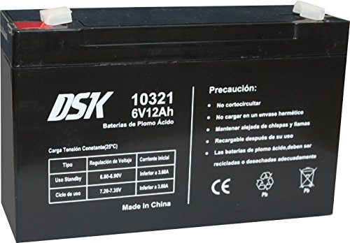 DSK 10321 - Batería de Plomo AGM Recargable y Sellada de 6V y 12Ah. Batería Ideal para Coches y Motos Eléctricos para Niños, Sistemas SAI/UPS, Sistemas de Seguridad y Alarmas