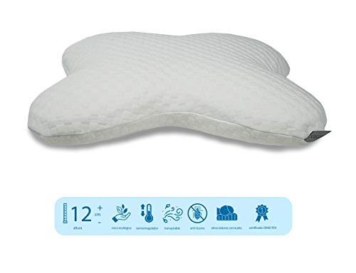 Duérmete Online - Almohada Cervical Mariposa Espuma Viscoelástica | Forma Anatómica y Ortopédica para Dormir de Lado | Protección antiácaros | Funda Termorreguladora, Blanco, 59 x 45 x 12 cm