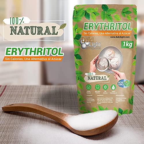 DULCILIGHT Eritritol 1 Kg 100% Natural Edulcorante Cero Calorías + (5 sobres Edulcorante Moreno) Apto Dietas Keto y Cetogénicas