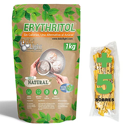 DULCILIGHT Eritritol 1 Kg 100% Natural Edulcorante Cero Calorías + (5 sobres Edulcorante Moreno) Apto Dietas Keto y Cetogénicas