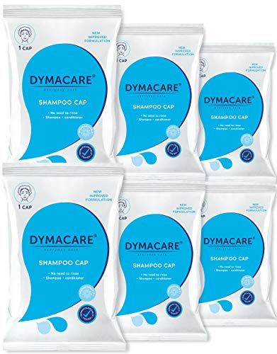 DYMACARE Gorra de champú sin enjuague | Gorra de ducha sin enjuague que champús y condiciones | PH equilibrado e hipoalergénico Lavado de cabello sin agua (set de 6 gorros)