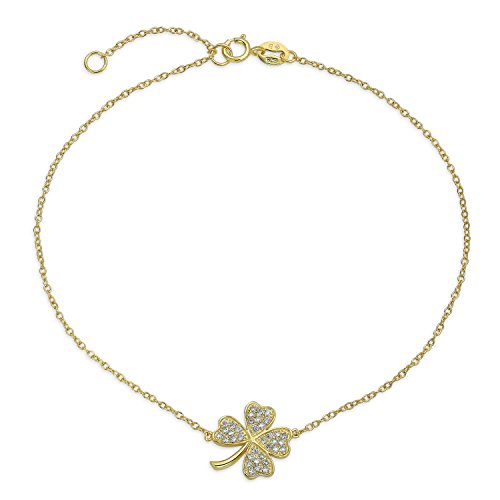 El Trébol Trébol De Cuatro Hojas Pulsera Tobillera Suerte Zirconia CZ Tobillera Para Mujer Chapado En Oro De 14K