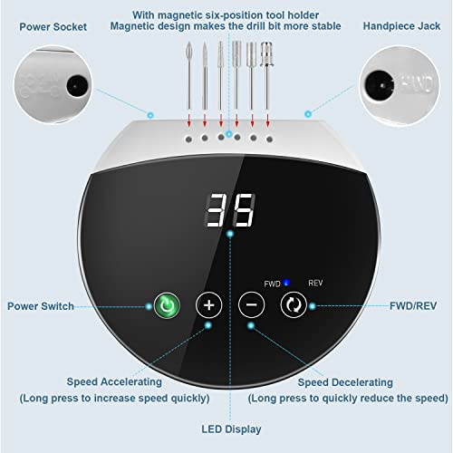 ENGERWALL Torno para Uñas Profesional, Pulidor Limado Profesional Uñas con Botones Táctiles y Pantalla HD LED Digital, 35.000 RPM Versión Mejorada, para Torno Manicura y Pedicura Gel o Acrilicas