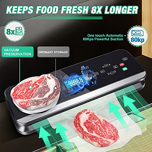 Envasadora al Vacío Raycial 80Kpa Selladora al Vacio Completamente Automática con báscula de Cocina y Pantalla LCD, Secos y Húmedos Maquina Vacío, El sellador Alimentos diseñado con Cuchillo Corte