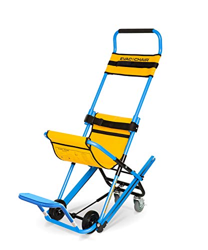Evac+Chair Modelo MK4 con reposapiés, incluye funda, asa para colgar y placa de advertencia.