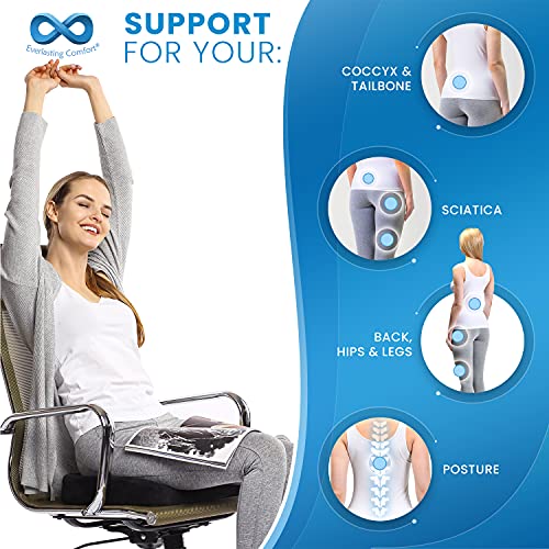 Everlasting Comfort Cojín de asiento para el trabajo - Cojín para silla de oficina de espuma viscoelástica pura - Cojín ergonómico para aliviar el dolor de piernas, cadera, coxis y espalda (Negro)