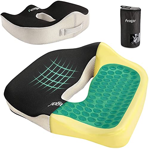 Feagar Cojín Coxis con Capa de Gel Cojín para Silla Oficina, Cojines Ortopédico de Espuma Memoria Portátil para Hemorroides, Cojín Coxis para Sillas de Coche, Juego, Rueda, Alivio de Presión y Fatiga