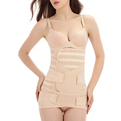 FEOYA Abdomen Moldeable para Mujer y Maternidad Faja Reductora de 3 Piezas Postparto Corsé de Postura Correctora Body Shaper de Ondas 3 en 1 Cierre Velcro Color Estilo 2 Beige Talla L