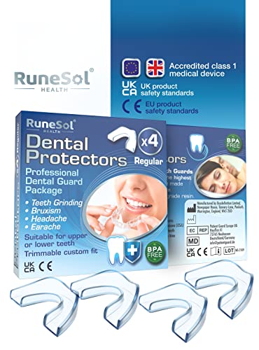 Ferula dental para bruxismo (4)| 100% libre de BPA | Tecnología de fácil moldeado | Paquete de seis protectores dentales en tres tamaños | Protector dental para evitar el rechinamiento