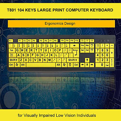 Festnight Teclado de computadora de impresión Grande USB con Cable para usuarios de Baja visión Letras de Alto Contraste de 104 Teclas para Hombres Mayores