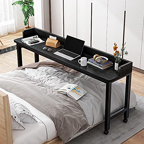 FFYUE Movable Cama Mesa De Ordenador, con Barandilla, con Cuatro Ruedas, 140/170/200/220 Cm, Mesita De Noche En La Cama, Una Mesa Pequeña con Anticolisión Esquinas Redondeadas,Negro,140CM