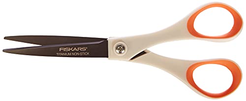 Fiskars Tijeras antiadhesivas Universales, Longitud: 18 cm, para diestros y zurdos, Revestimiento de titanio/Acero inoxidable/Plástico, Blanco/Naranja, 1004720