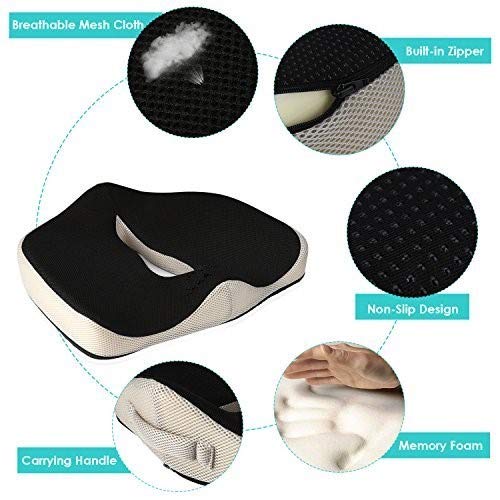 Flybiz Coxis de Espuma Memoria Portátil para Hemorroides, Ortopédico Coxis de con Memoria para Silla y Asiento con Forro Transpirable - Alivio del Dolor Lumbar, cóccix, ciática y corrección de Cadera