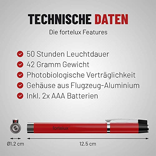 fortelux Linterna led de diagnóstico medico - 2x boligrafo linterna para enfermera con compatibilidad fotobiológica - Lámpara de pupila LED médica, el servicio de rescate y oftalmólogos