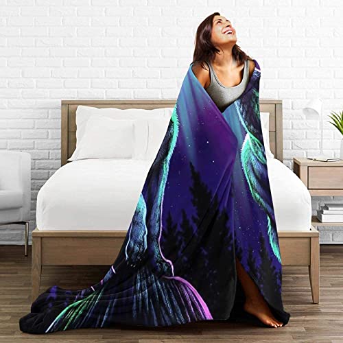 Franela Fleece Manta, Lobo con Auroras boreales Manta de Tiro Suave para Settees / Sofá / Sillas / Sofá - Ligero, Cálido y Acogedor 150*125cm