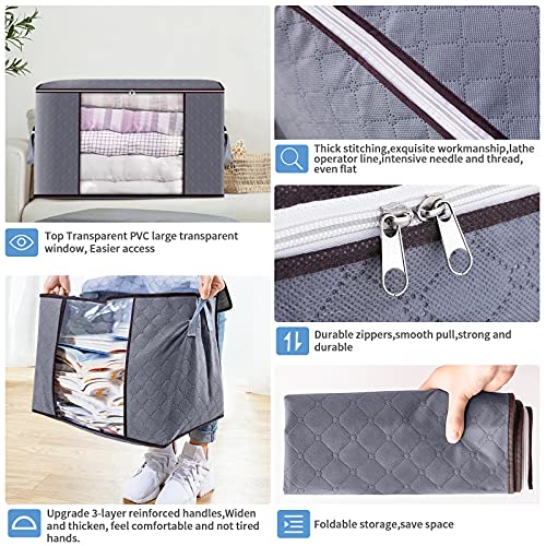 GARPROVM 4pcs Bolsa de Almacenamiento de Ropa de Grande Capacidad, Caja Almacenaje Ropa con Asa Reforzada y Cremallera Robusta para Edredones, Mantas, Bolsas de Transpirable 60x35x43cm Gris