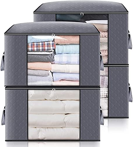 GARPROVM 4pcs Bolsa de Almacenamiento de Ropa de Grande Capacidad, Caja Almacenaje Ropa con Asa Reforzada y Cremallera Robusta para Edredones, Mantas, Bolsas de Transpirable 60x35x43cm Gris