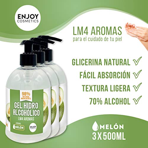 Gel hidroalcohólico NUEVOS AROMAS 3 unidades de 500 ml con 70% alcohol y con glicerina NATURAL para el cuidado de la piel. 98% ingredientes Naturales. (MELON)