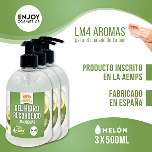 Gel hidroalcohólico NUEVOS AROMAS 3 unidades de 500 ml con 70% alcohol y con glicerina NATURAL para el cuidado de la piel. 98% ingredientes Naturales. (MELON)