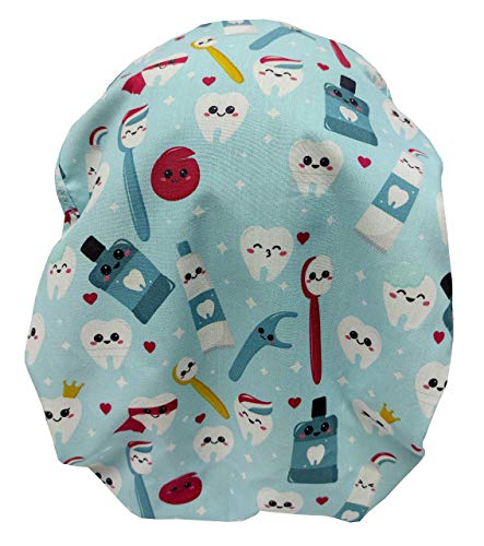Gorros Dentista DIENTES FELICES para Pelo Largo enfermera mujer Tira absorbente en la frente, goma con tensor ajustable fácil y cómodo