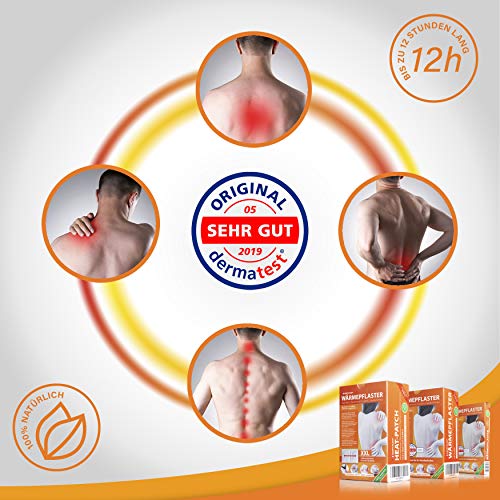 Happyplast Parches térmicos XXL en juego de 5 unidades, 14,5 cm x 10 cm, autoadhesivos, flexibles y duraderos, hasta 8 horas, con 2 almohadillas de calor, 100% naturales para cuello y espalda