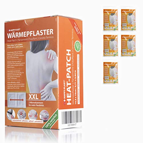 Happyplast Parches térmicos XXL en juego de 5 unidades, 14,5 cm x 10 cm, autoadhesivos, flexibles y duraderos, hasta 8 horas, con 2 almohadillas de calor, 100% naturales para cuello y espalda