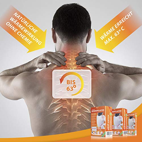 Happyplast Parches térmicos XXL en juego de 5 unidades, 14,5 cm x 10 cm, autoadhesivos, flexibles y duraderos, hasta 8 horas, con 2 almohadillas de calor, 100% naturales para cuello y espalda