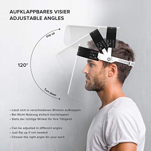 HARD Pantalla Protección Facial 1 x Soporte y 2 x Viseras intercambiables, Face Shield abatible con antivaho, Visera con cierre ajustable - Blanco/Negro