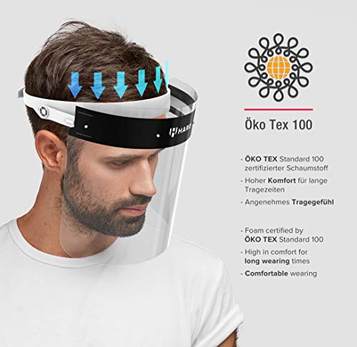 HARD Pantalla Protección Facial 1 x Soporte y 2 x Viseras intercambiables, Face Shield abatible con antivaho, Visera con cierre ajustable - Blanco/Negro