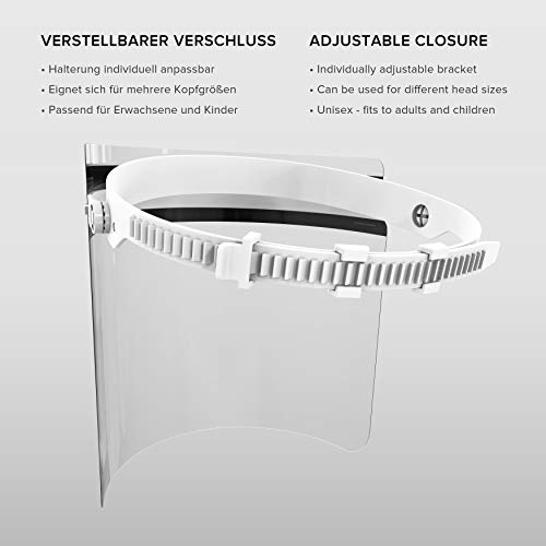 HARD Pantalla Protección Facial 1 x Soporte y 2 x Viseras intercambiables, Face Shield abatible con antivaho, Visera con cierre ajustable - Blanco/Negro