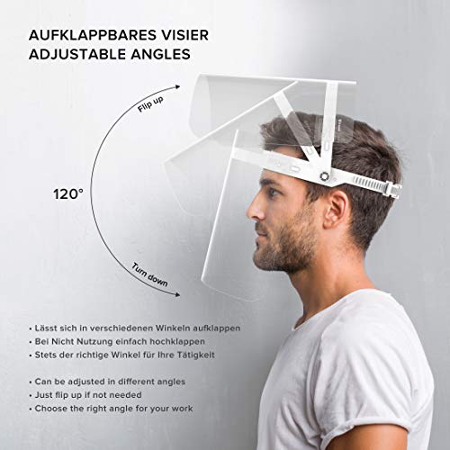 HARD Pantalla Protección Facial 1 x Soporte y 2 x Viseras intercambiables, Face Shield abatible con antivaho, Visera con cierre ajustable - Transparente/Blanco