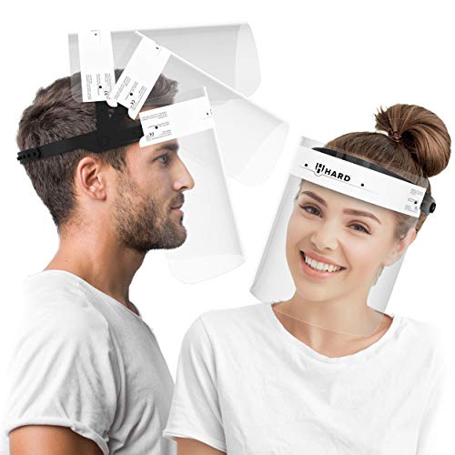 HARD Pantalla Protección Facial 1 x Soporte y 2 x Viseras intercambiables, Face Shield abatible con antivaho, Visera con cierre Cap ajustable - Blanco/Negro