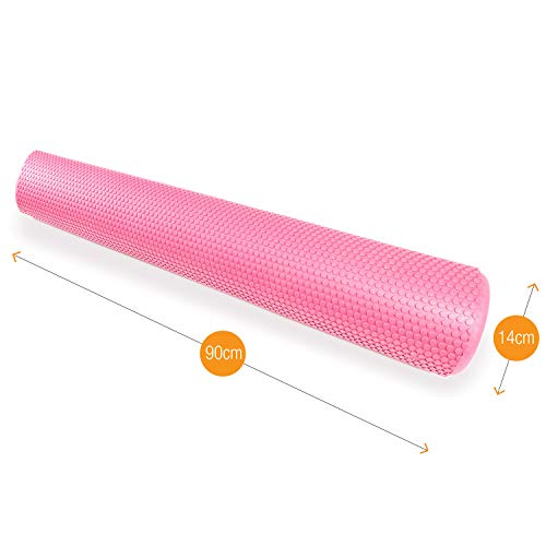 High Pulse Rodillo Pilates (90x15 cm) Póster con Ejercicios + Banda Elástica - Rodillo de espuma para músculos, fitness o masaje (Rosa)